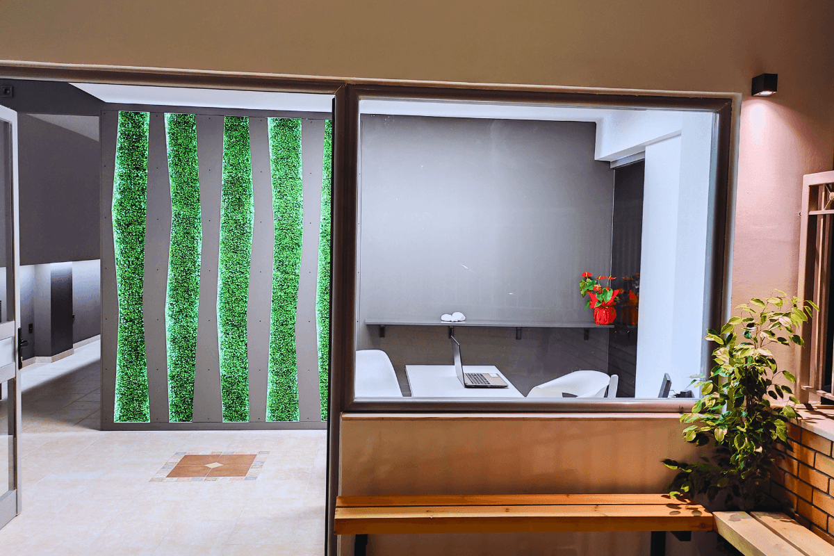 Είσοδος στην αίθουσα εκπαίδευσης Solid Skills στην Αθήνα με πράσινη διακόσμηση.