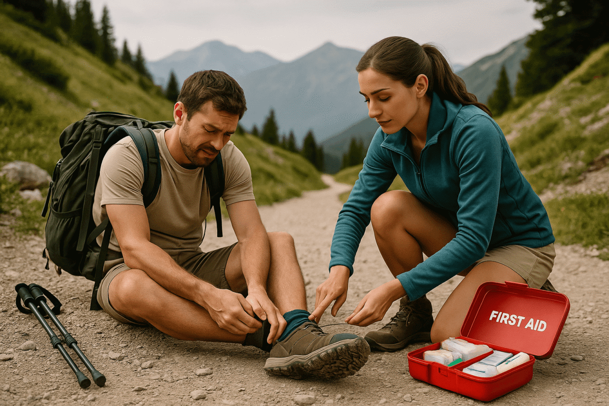 Πεζοπόρος με τραυματισμένο πόδι δέχεται πρώτες βοήθειες από γυναίκα με ορειβατικό φαρμακείο σε βουνό